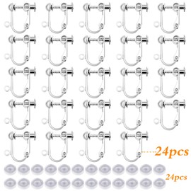 24pcs Clip-on Earring Converters Brass Screw Back Earwire Non Pierced Earring Components with Loop and 24pcs Anti-Pain Ear Pads for DIY Jewelry Making, Bright Silver