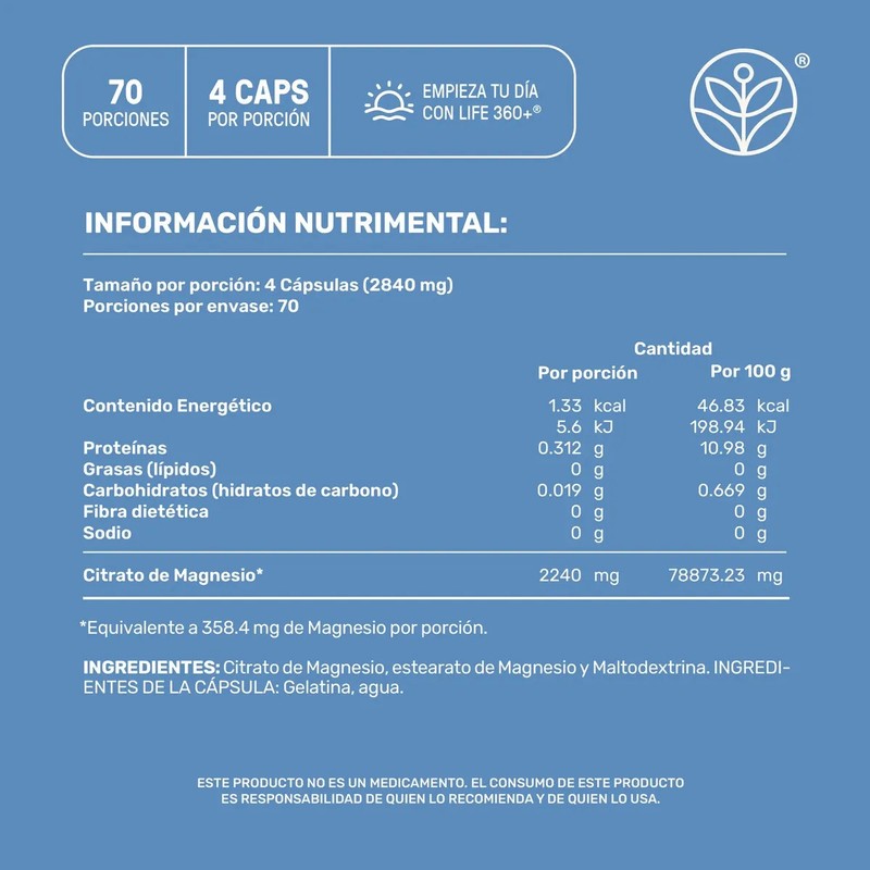 Citrato De Magnesio Alta Pureza 280 Cápsulas Magnesium Citrate Life360
