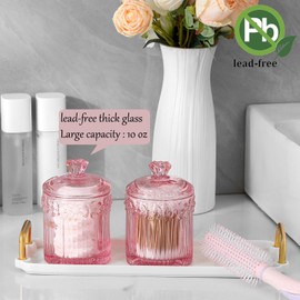 rejomiik 2 Pack Qtip Holder Glass Apothecary Jars with Lids Set Bathroom Canisters Dispenser Organizers and Storage for Cotton Ball, Cotton Swab, Pink