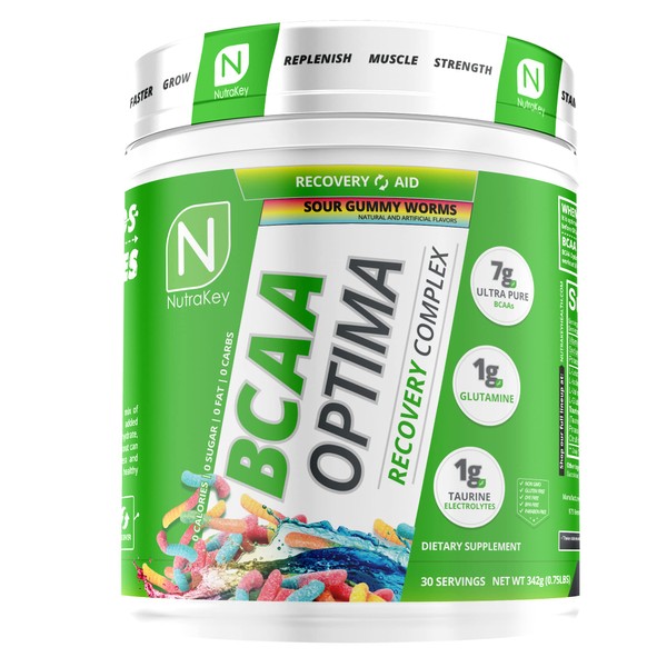 Nutrakey BCAA Optima Post Workout Recovery Complex, No Sugar, No Carb, Recovery Aid, Sour Gummy Worms