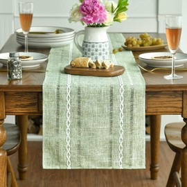 Artoid Mode Sage Green Rustic Cotton Linen Table Runner, Seasonal Embroidered Hollow Kitchen Dining Table Decoration for Home Party Decor 13x72 Inch