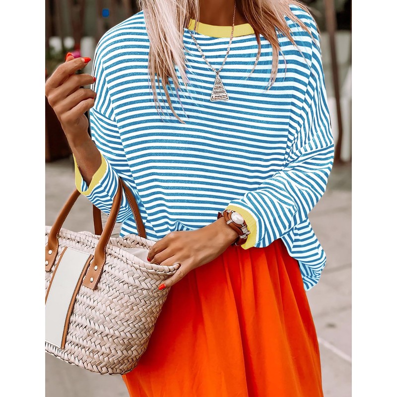DUOEASE Women's Striped Knitted Pullover Long Sleeve Autumn Crew Neck