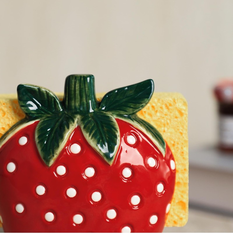 Bicuzat Ceramic Red Strawberry Shape Sponge Holder for Kitchen Sink,
