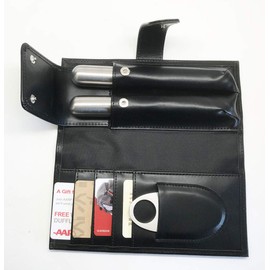 Black Leather Cigar Case, 2 Stainless Steel Cigar Tube, One Cigar Cutter All in One
