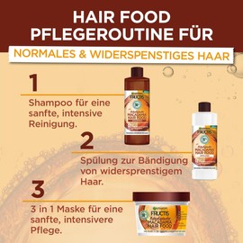 Garnier Macadamia 3-in-1 Hair Mask for Dry and Unruly Hair, Leave In for a Naturally Gentle Hair Feel, Vegan Formula with Natural Ingredients, Fructis Hair Food, 1 x 400 ml