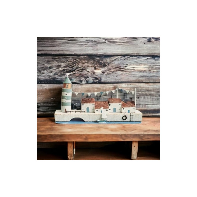 Shoeless Joe Quayside with Lighthouse/Handmade Small Pretty Seaside Decoration/Nautical Miniature
