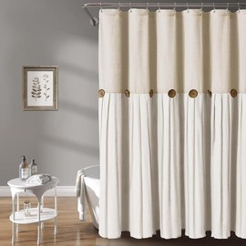 Linen Button Farmhouse Beige Shower Curtain,Linen and Cotton Woven Fabric,Pleated Brown Stripe,Country Style - Color: Linen & Cream, Size: 72"L x 72"W