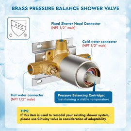 Cinwiny Wall Mount Shower Faucet Set Brushed Nickel with Pressure Balancing Rough-in Valve 5-setting 6 Inch Shower Head Shower System Single Function One Handle Bathroom Shower Trim Kit