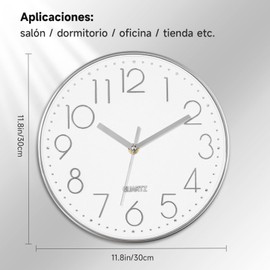 Reloj de Pared, Relojes Pared Cuarzo Silencioso Moderno, Grande Relojes Pared Redondo 12 Pulgadas, Sin Tictac, Decorativos Reloj de Pared para Decorar Sala de Estar, Cocina, Oficina, Comedor-Plata