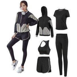 DawnRain Women's Sportswear, Yoga Wear, Training Wear, Running Wear, Top and Bottom 5-Piece Set, Stretchy, Breathable, Sweat Absorbent, Quick Drying, Fitness, Jersey, Sports Bra, Long Tights, Hoodie,