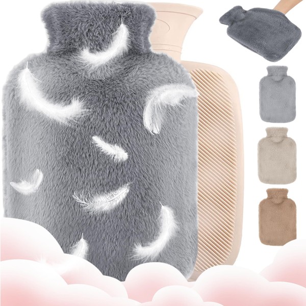 Hot Water Bottle with Cover, 2L Large Hot Water Bottle with Kangaroo Pocket, Hot Water Bottle Children with Cuddly Soft Fur Cover, Leak-Proof Bed Bottle Made of Natural Rubber for Children Adults for Pain Relief