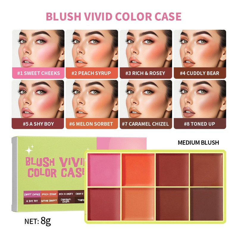 8 Color Cream Blush Palette, Matte Blush, Fine and Smooth