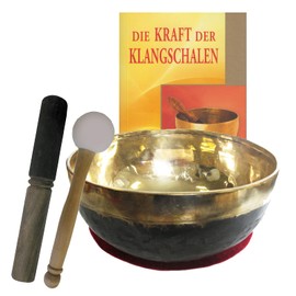 70164 Bengali Singing Bowl Gold-Black 5-Piece Sound Massage Set with Book Therapy Quality: Children's Harmony Singing Bowl Approx. 500-600g Approx. 13-14 cm with Cushion Wood-Leather Grater and