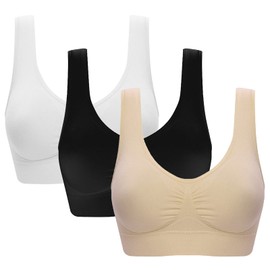 Jamron Womens 3 Pack Seamless Wirefree Comfy Everyday Bralettes Sports Yoga Sleep Bras with Removable Pads Black + White + Beige XL