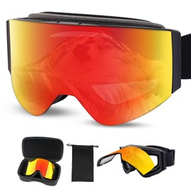Flip Up Ski Snowboard Goggles for Men Women, Anti-Fog UV Protection Frameless Snow Glasses, Magnetic Interchangeable Lens (Black_Frame+Red_Lens)