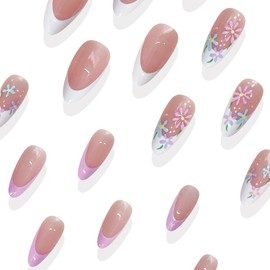 French Tip Press on Nails Long Almond Fake Nails Pink False Nails with Flower Design Glue on Nails Cute Acrylic Nails Glossy Full Cover Stick on Nails for Women Spring Manicure 24Pcs