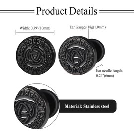 JewelryWe Viking Earrings for Men - Stainless Steel Norse Viking Stud Earrings Punk Valknut Rune Stud Faux Ear Plug