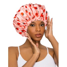 Vettres Silk Hair Bonnet for Sleeping with Scrunchie Adjustable Sleep Bonnets Double Layer Satin Sleep Cap for Curly Hair Strawberries