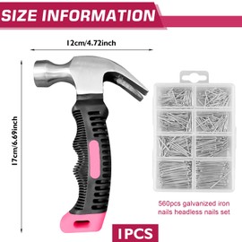 PRITOK Claw Hammer 560 Small Nail Set: Mini Hammer Set with Hardware Nails, Mini Small Claw Hammer with Non-Slip Handle for DIY, Woodwork, Camping, Repair, Pink