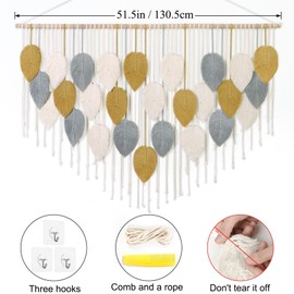 Weldomcor Macramé Wall Hanging Large Tapestry Woven Wall Hanging Boho Macramé Leaf Wall Decoration Feather Chic Woven Art for Bedroom Living Room Decoration (Khaki, Grey, 130 x 85 cm)