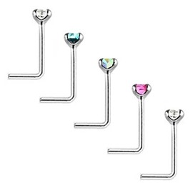 Mixed Colour Crystals PACK OF 5, L SHAPE Nose Studs STERLING SILVER Thin 0.6mm Bar (5x 2.5mm)