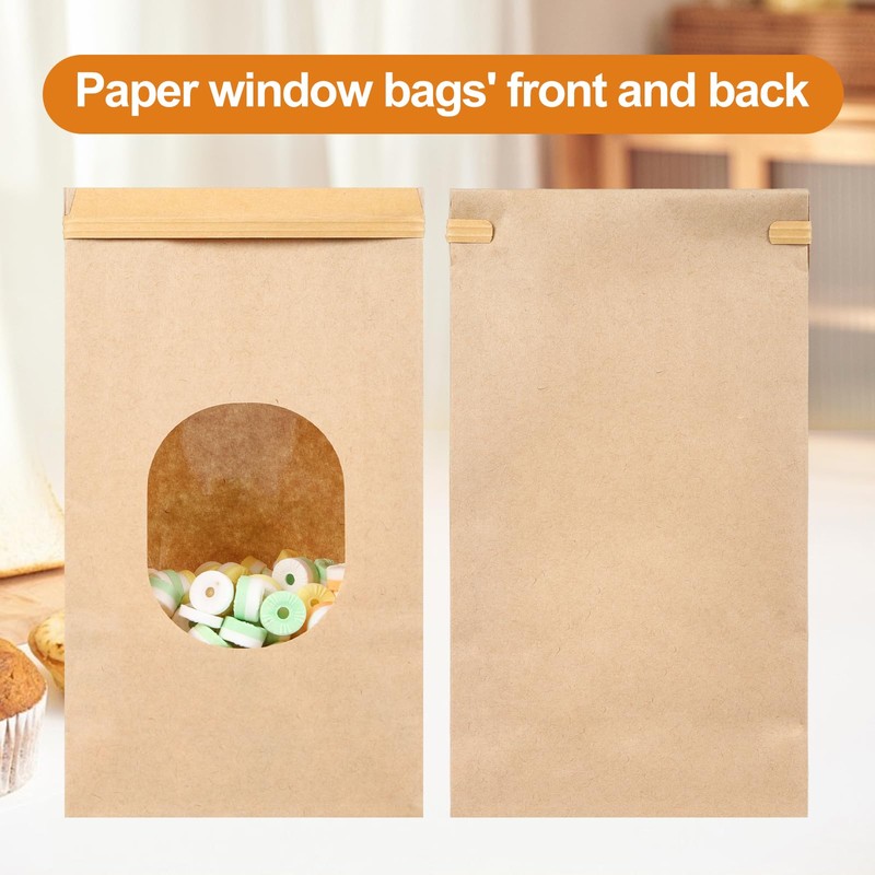 Bakery Bags with Window, 100Pcs, 5.1x2.75x9.6 in, Kraft Paper, Reusable