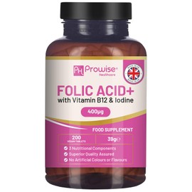 Folic Acid+ 400 mcg - Vegan Tablets with Vitamin B12 & Iodine | Vitamin B9 Tablets | Pregnancy Care Supplement - Supports Immune System & Maternal Tissue Growth | Made in UK by Prowise