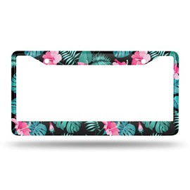 Beabes Hawaiian Flower Pink Hibiscus License Plate Frame Tropical Novelty License Plate Frame Palm Leaves License Plate Cover Car Tag Holder Metal License Plate Frame for US Vehicles Standard