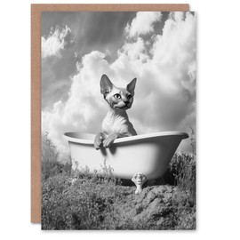 Artery8 Greeting Card Sphinx in Bathtub Black White Surreal Cat Lover Blank For Him Or Her Art Birthday Card