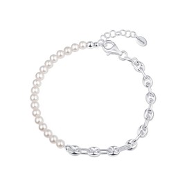 Amberta Italian 925 Sterling Silver Pearl Bracelet for Women | Synthetic Half Pearl Half Chain Bracelet, Dainty Stackable Wedding Bridesmaids Gifts Link Adjustable Size, Pearl
