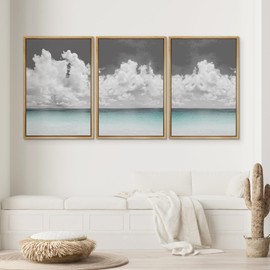 SIGNWIN 3 Piece Framed Canvas Wall Art Clouds Above The Blue Ocean Nature Wilderness Illustrations Abstract Traditional Relax/Calm Home Artwork Decoration for Living Room,Bedroom - 16"x24"x3 Natural