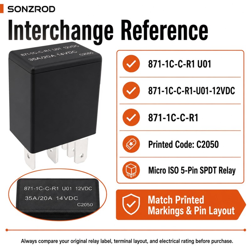 871-1C-C-R1 U01 12VDC Relay (2-Pack) 35A/20A 14VDC 5-Pin SPDT