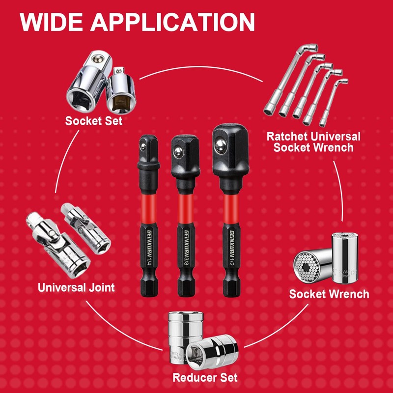 Geinxurn 3Pcs Impact Socket Adapter Set,1/4" 3/8" and 1/2" Drive,