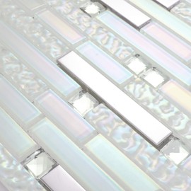 Hominter Glass Metal Tile Linear Mosaic Iridescent White Crystal Glass Chrome Metallic Interlocking Tile Stain Resistant for Kitchen Backsplash Bathroom & Shower Wall Tiles (5 Square Feet)