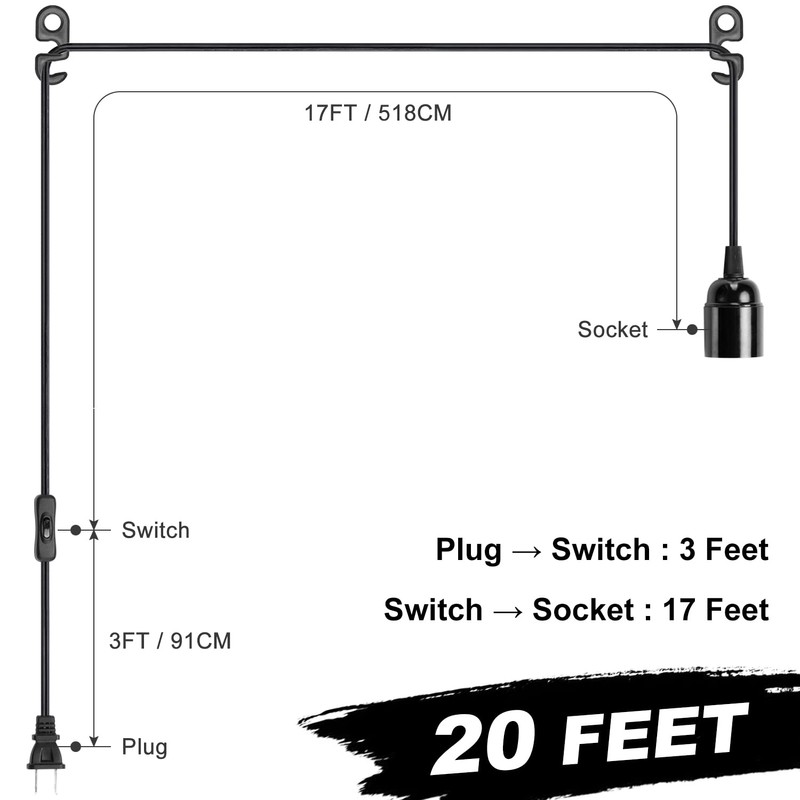 20Ft Extension Hanging Lantern Cord - Black, E26 Light Bulb