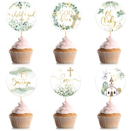 48 Pcs Greenery Baptism Cupcake Toppers God Bless Cross Cupcake Toppers First Holy Communion Christening Confirmation Religious Cupcake Picks for Baby Shower Baptism Party Decorations