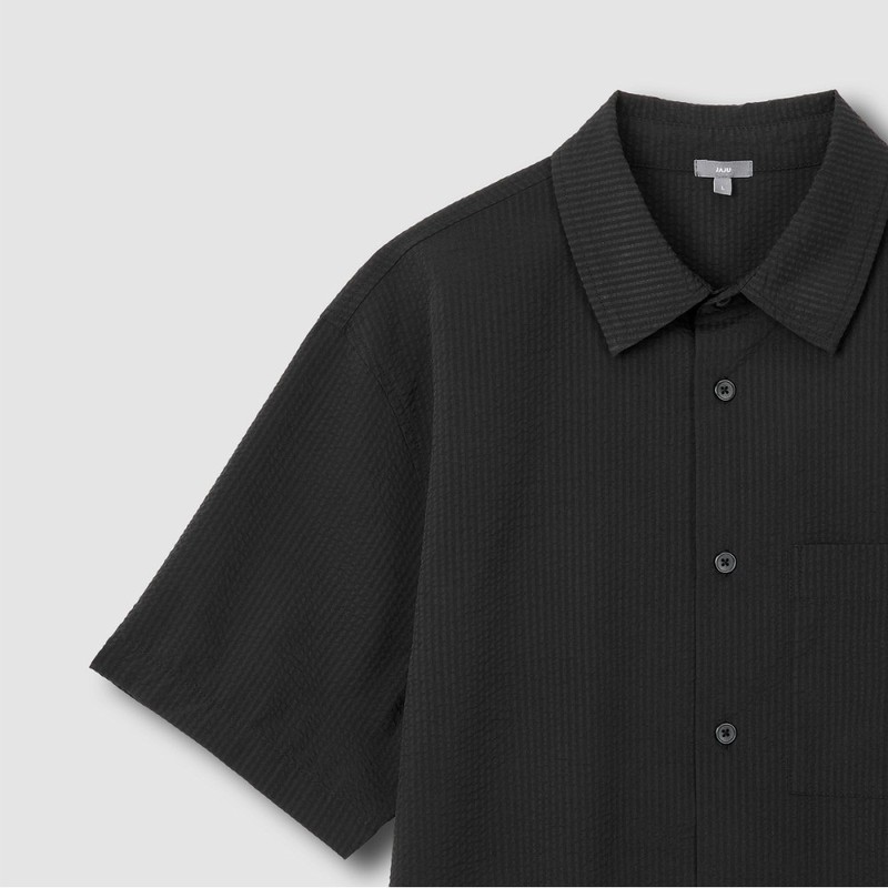 JAJU Men's Seersucker Short-Sleeve Shirt_Black
