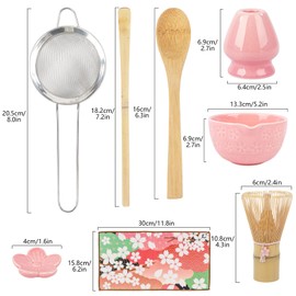 8Pcs Pink Matcha Set–Ceramic Matcha Bowl, Matcha Whisk with Sakura Charm Complete Japanese Matcha Kit with Whisk, Scoop, Sifter & Cloth