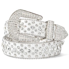 Leacoolkey Women's Men's Fashion Rhinestone Belt, Western Cowgirl Rivets Punk PU Leather Belt for Jeans Men, B-white