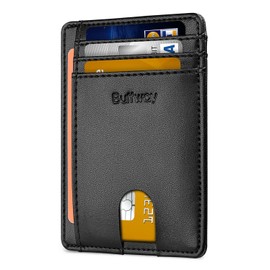 Buffway Slim Minimalist Front Pocket RFID Blocking Leather Wallets for Men and Women - Sand Black