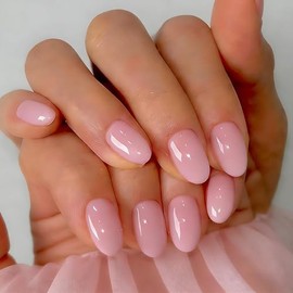 SXVME Uñas postizas cortas de gel suave, 32 piezas, 16 tamaños, rosa pastel transparente, ovaladas, reutilizables, con pegamento, color almendra natur