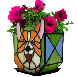 Entlityful Corgi Planter,Cute Stained Glass Dog Flower Pots,Plant Pot with Drainage,Succulent Planters, Corgi Gifts for Corgi Lovers,Corgi Christmas Decorations