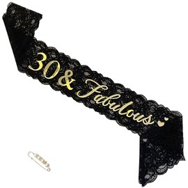 LATFZ 30 & Fabulous Lace Sash Black, 30th Party Favors Supplies and Decorations
