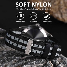 WOCCI 22mm Nylon Watch Band for Men, Double Holes Silky Nylon, Silver Buckle (Black Grey)