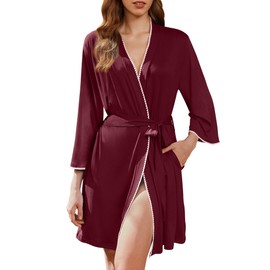Ekouaer Robes for Women Knee Length Kimono Bathrobe 3/4 Sleeve Sleep Robe Cozy Sleepwear with Pockets (Wine Red, X-Large)