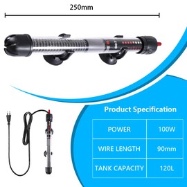 Silkwish Aquarium Heater 100 W 120 L, Thermostat, Heating Rod Adjustable, Heater with Suction Cups, Control Heater, Aquarium Heater, Adjustable Temperature Aquarium Heater for Fish Tanks