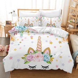 Leleyouzer Children's Unicorn Bed Linen Set, Pink Unicorn Bed Linen for Girls, Soft and Cuddly Microfibre Duvet Cover for Girls with 2 Pillowcases 50 x 75 cm (Unicorn 4, 135 x 200 cm)