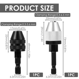 2 Pcs Keyless Drill Chuck Conversion Tool 0.3-3.6mm/0.3-6.5mm, 1/4 Inch Hex Shank Drill Bit Adapter Quick Change Converter Screwdriver for Micro Drill Bit, Pin Chuck and Manul Drill