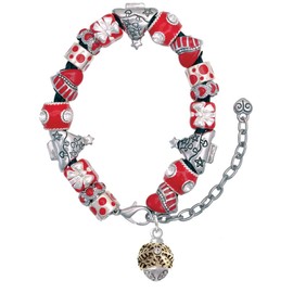 Delight Jewelry Goldtone Snowflake with Crystal Spinner - Red Christmas Bead Bracelet, 7"+2"