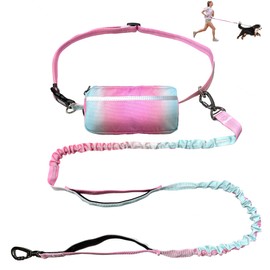 Hands Free Dog Leash with Zipper Pouch, Dual Padded Handles- Adjustable Heavy Duty Bungee Waist Leash Belt for Medium Large Dogs-for Walking Running Hiking (25-120 lbs, Green Pink)